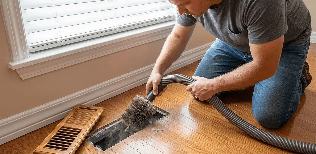 Air duct cleaning technician vacuuming a floor vent and duct opening in El Paso, TX