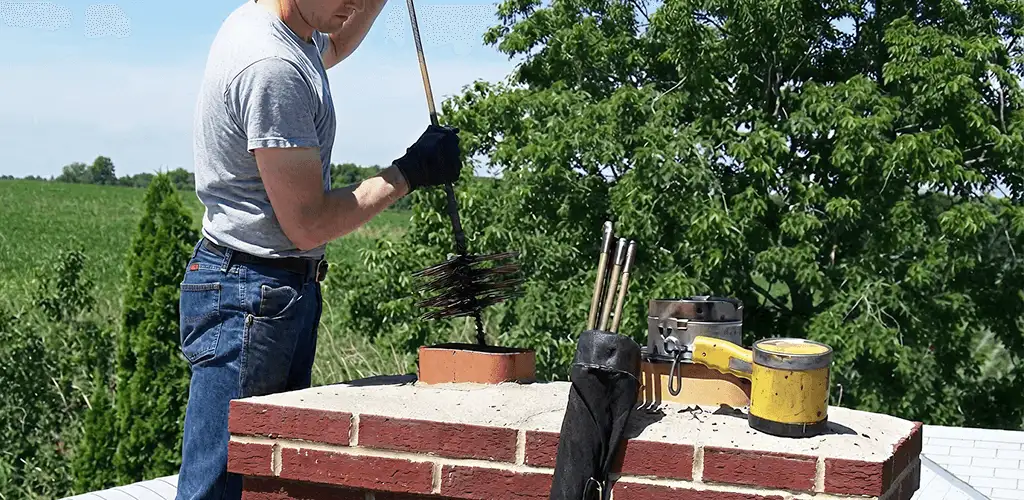 Chimney cleaning technician working on a rooftop chimney with professional tools in El Paso, TX