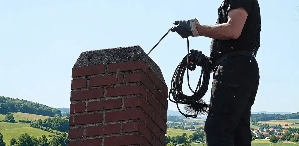 Chimney sweep inspecting and cleaning a rooftop chimney in El Paso, TX