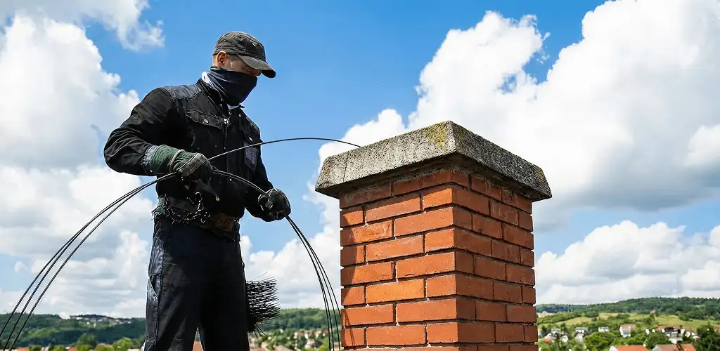 Chimney sweep cleaning a brick chimney with professional tools in El Paso, TX