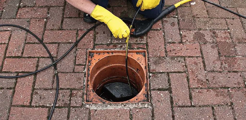 Drain cleaning technician using a drain snake to clear a clogged drain in El Paso, TX