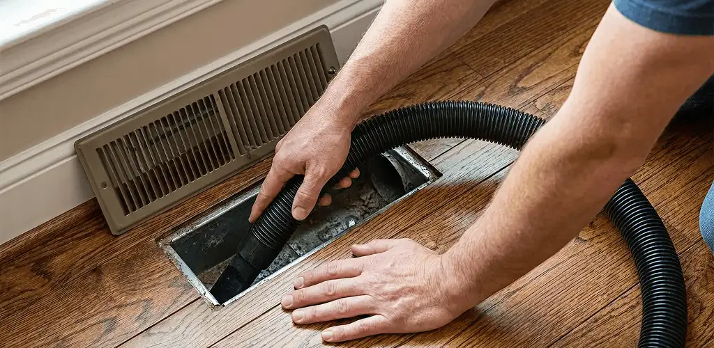 Air duct cleaning technician vacuuming a floor register and duct opening in El Paso, TX