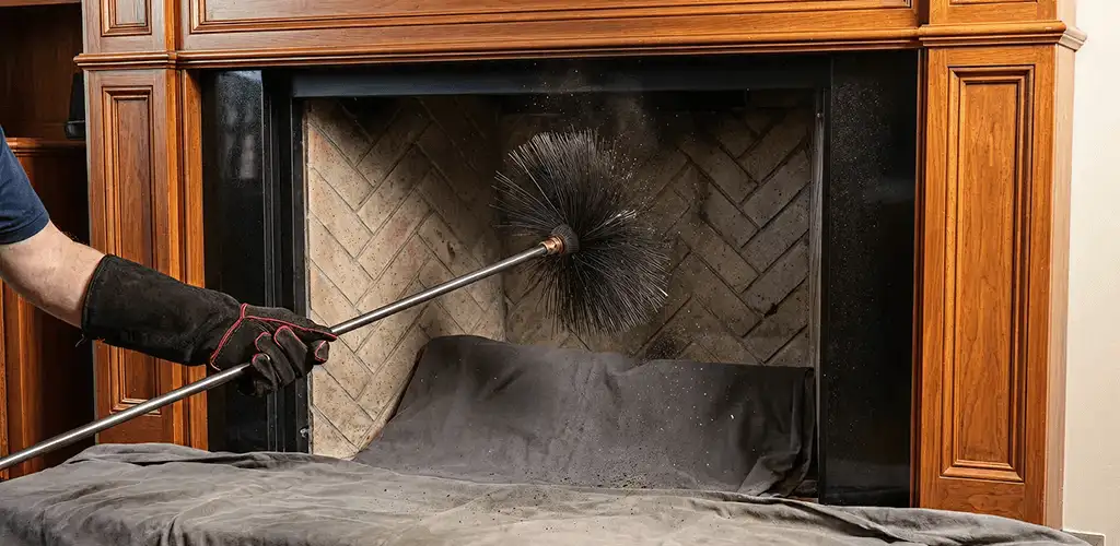 Chimney cleaning service brushing soot from a fireplace and flue in El Paso, TX