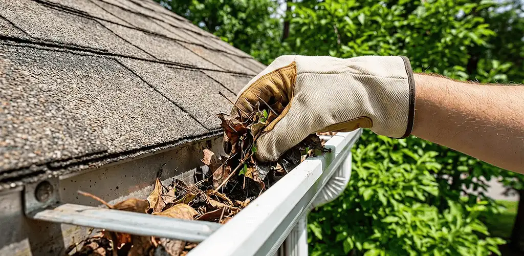 Gutter cleaning removing leaves and debris from roof gutters in El Paso, TX