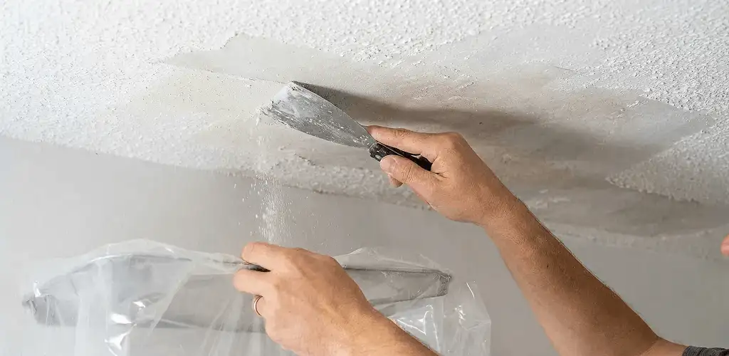 Popcorn ceiling removal technician scraping texture from a ceiling in El Paso, TX