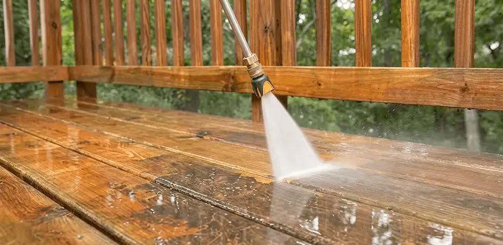 Pressure washing a wood deck to remove dirt and buildup in El Paso, TX
