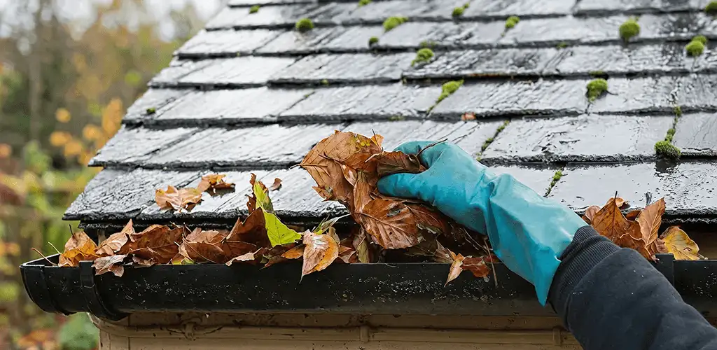 Gutter cleaning technician clearing wet leaves from roof gutters in El Paso, TX