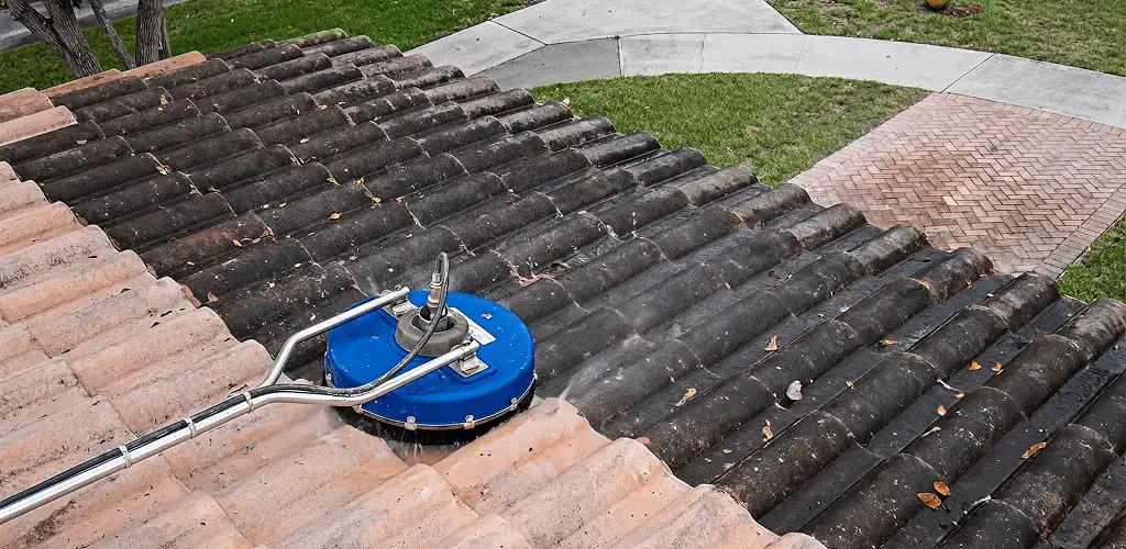 Roof pressure cleaning removing debris and buildup from roof tiles in El Paso, TX