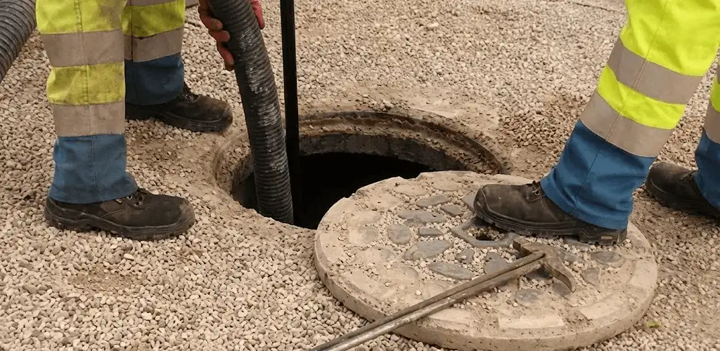 Drain cleaning crew clearing a sewer access point with professional equipment in El Paso, TX