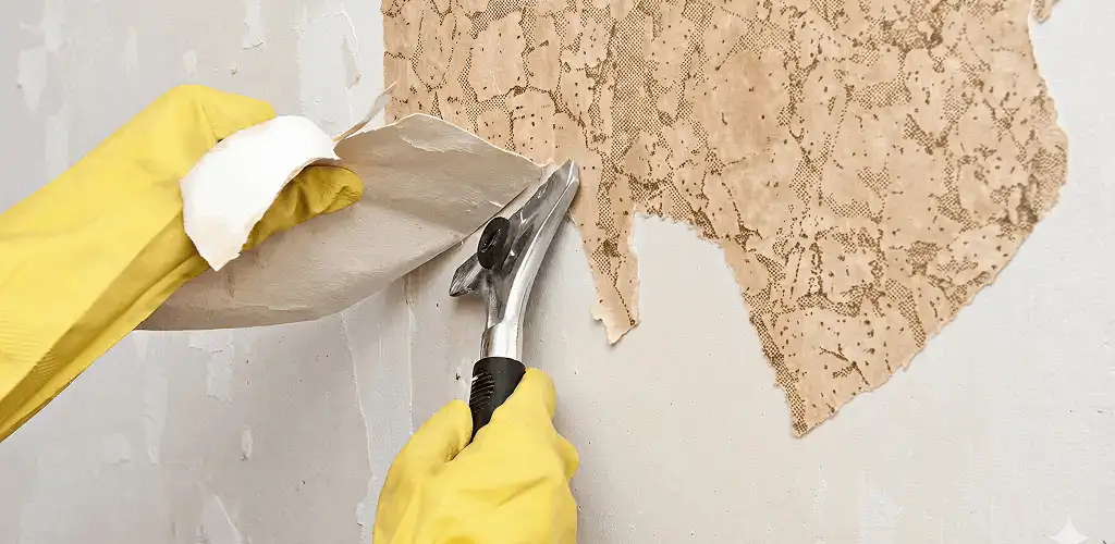 Wallpaper removal service stripping old wallpaper from a wall in El Paso, TX