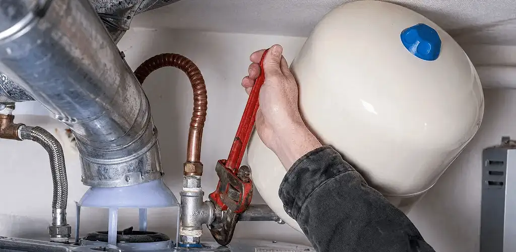 Water heater repair technician tightening plumbing connections near a tank unit in El Paso, TX