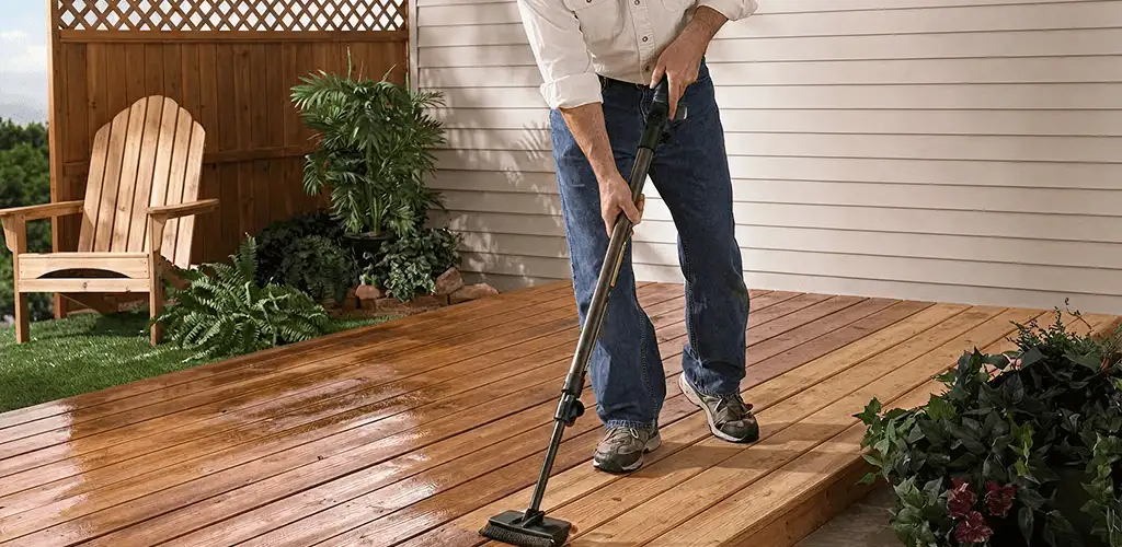 Deck staining service applying stain to a backyard wood deck in El Paso, TX